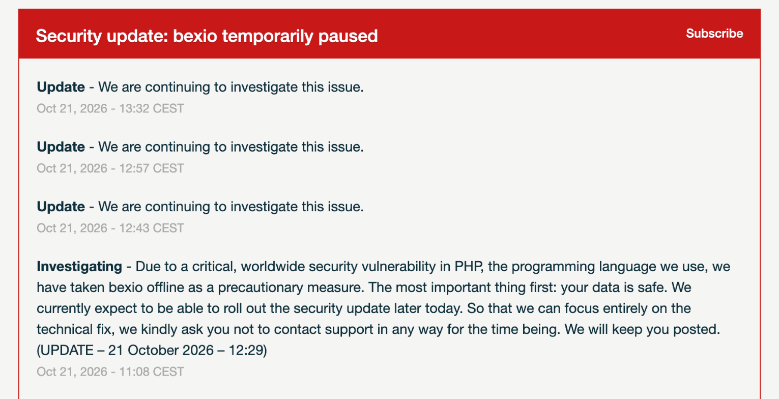 Notice on bexio's status page, 21 October 2026: bexio was taken offline as a precaution because of a critical PHP security vulnerability.